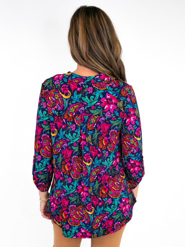 DEAR SCARLETT STRETCHY LIZ TOP WITH 3/4 SLEEVES - NAVY/MAGENTA FLORAL