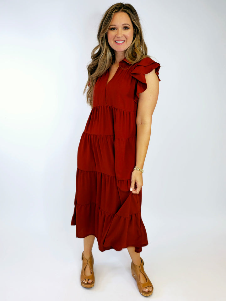 SPLIT NECK SHORT RUFFLE SLEEVE TIERED MIDI DRESS - CINNAMON