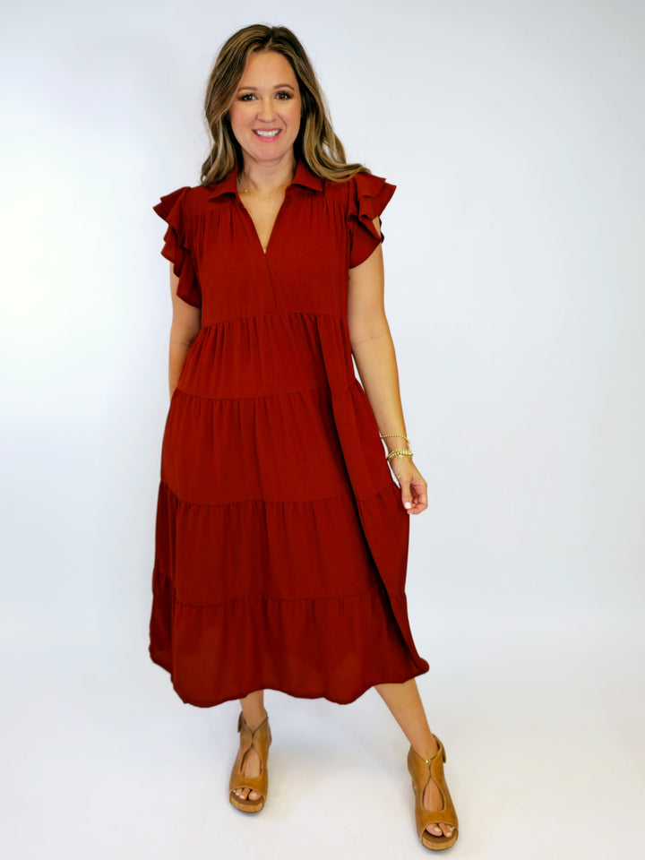 SPLIT NECK SHORT RUFFLE SLEEVE TIERED MIDI DRESS - CINNAMON