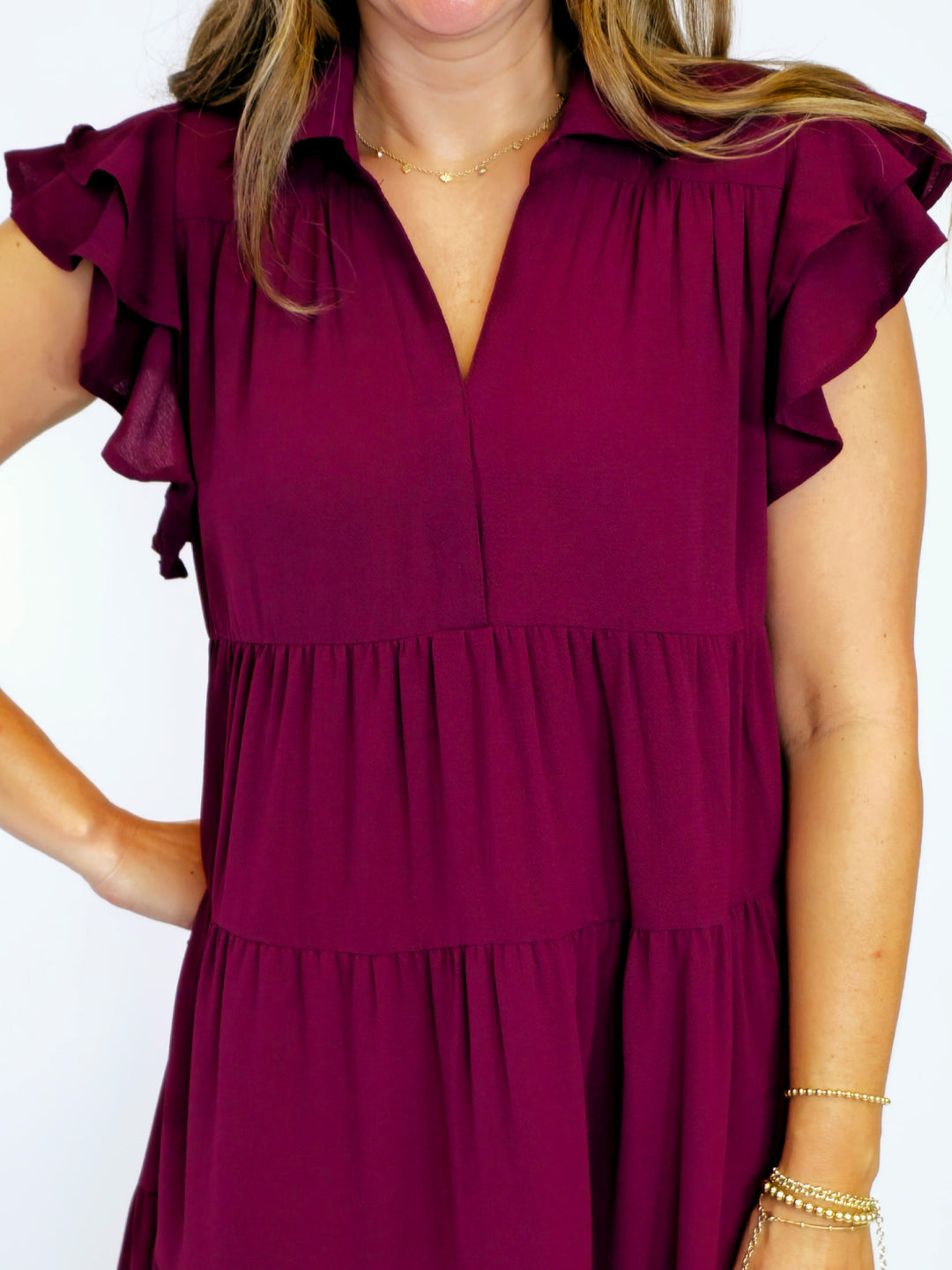 SPLIT NECK SHORT RUFFLE SLEEVE TIERED MIDI DRESS - PLUM