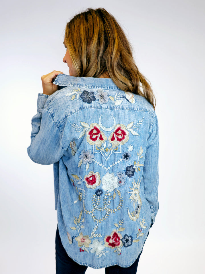 FLORAL MOON & STARS TENCEL BUTTON UP SHIRT