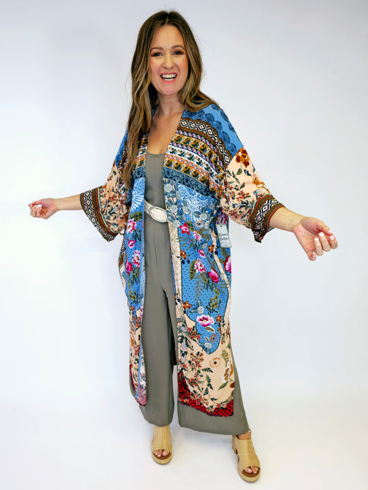 LONG FLORAL KIMONO W/TIE - BLUE/TAN