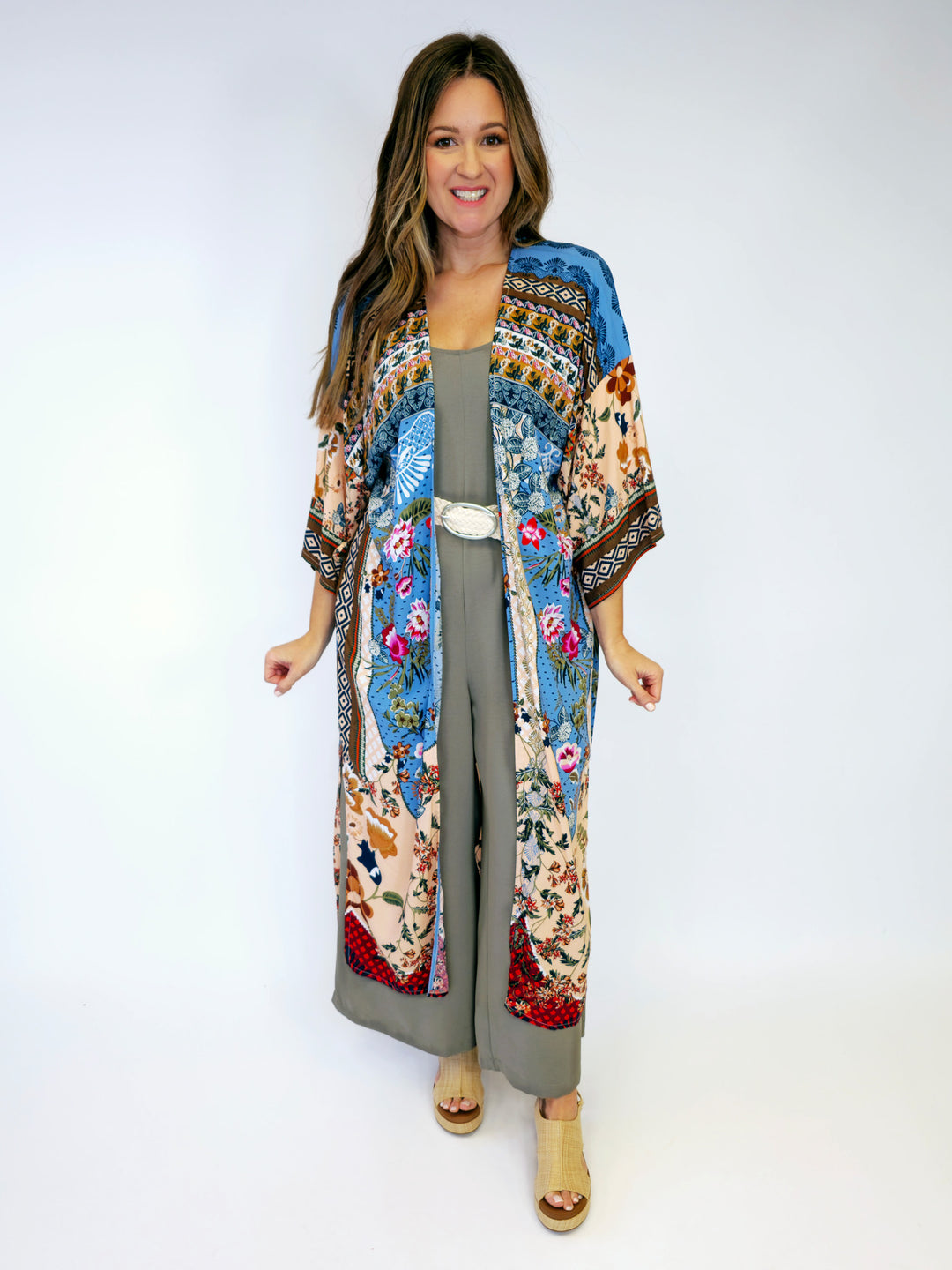 LONG FLORAL KIMONO W/TIE - BLUE/TAN