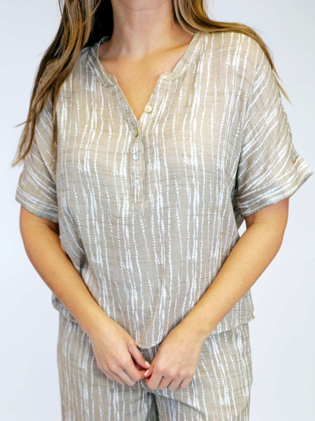 ABSTRACT PRINT SPLIT NECK BUTTON FRONT SHIRT - TAUPE