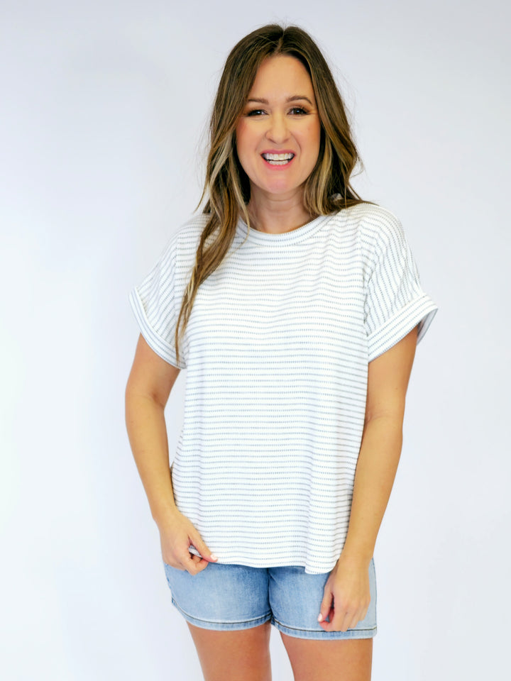 TEXTURED STRIPED DOLMAN SHORT SLEEVE SHIRT - WHITE/HEATHER GREY