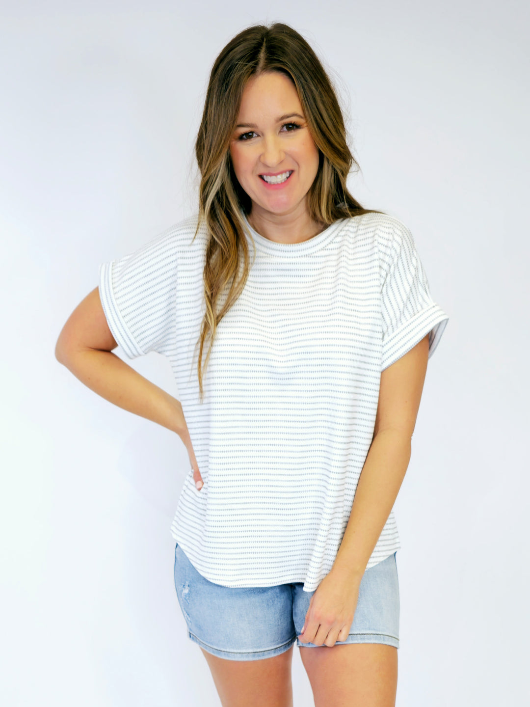 TEXTURED STRIPED DOLMAN SHORT SLEEVE SHIRT - WHITE/HEATHER GREY