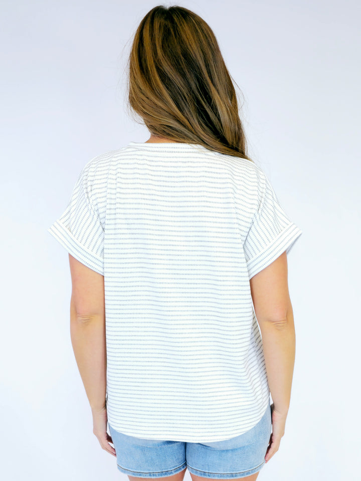 TEXTURED STRIPED DOLMAN SHORT SLEEVE SHIRT - WHITE/HEATHER GREY