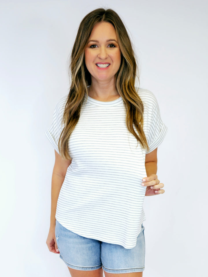 TEXTURED STRIPED DOLMAN SHORT SLEEVE SHIRT - WHITE/HEATHER GREY