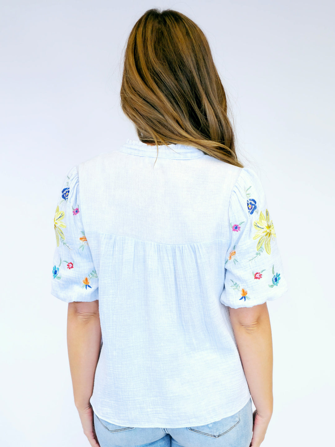 EMBROIDERED SLEEVE PEASANT BLOUSE - WASHED BLUE