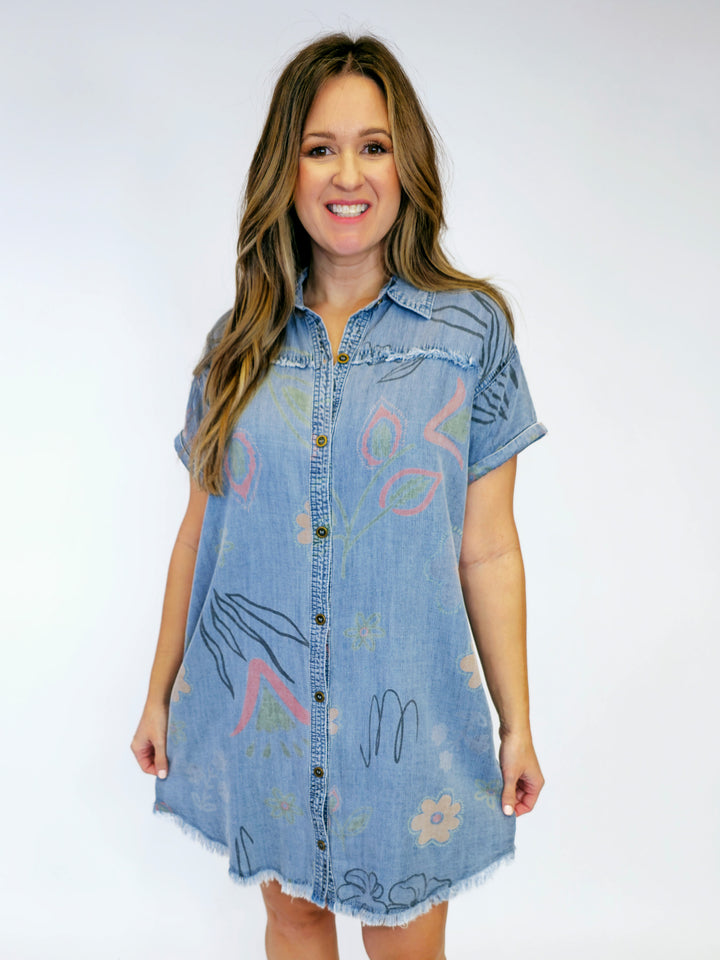 WASHED PRINT TWILL SHIRT DRESS - LIGHT DENIM