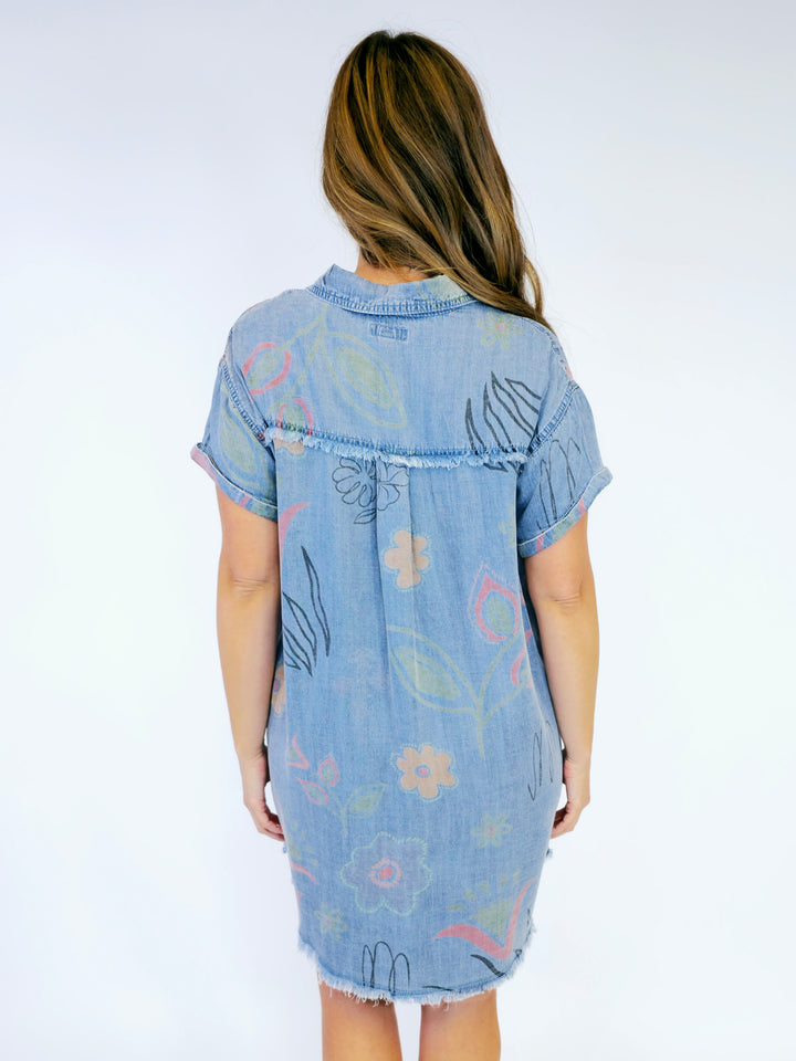 WASHED PRINT TWILL SHIRT DRESS - LIGHT DENIM