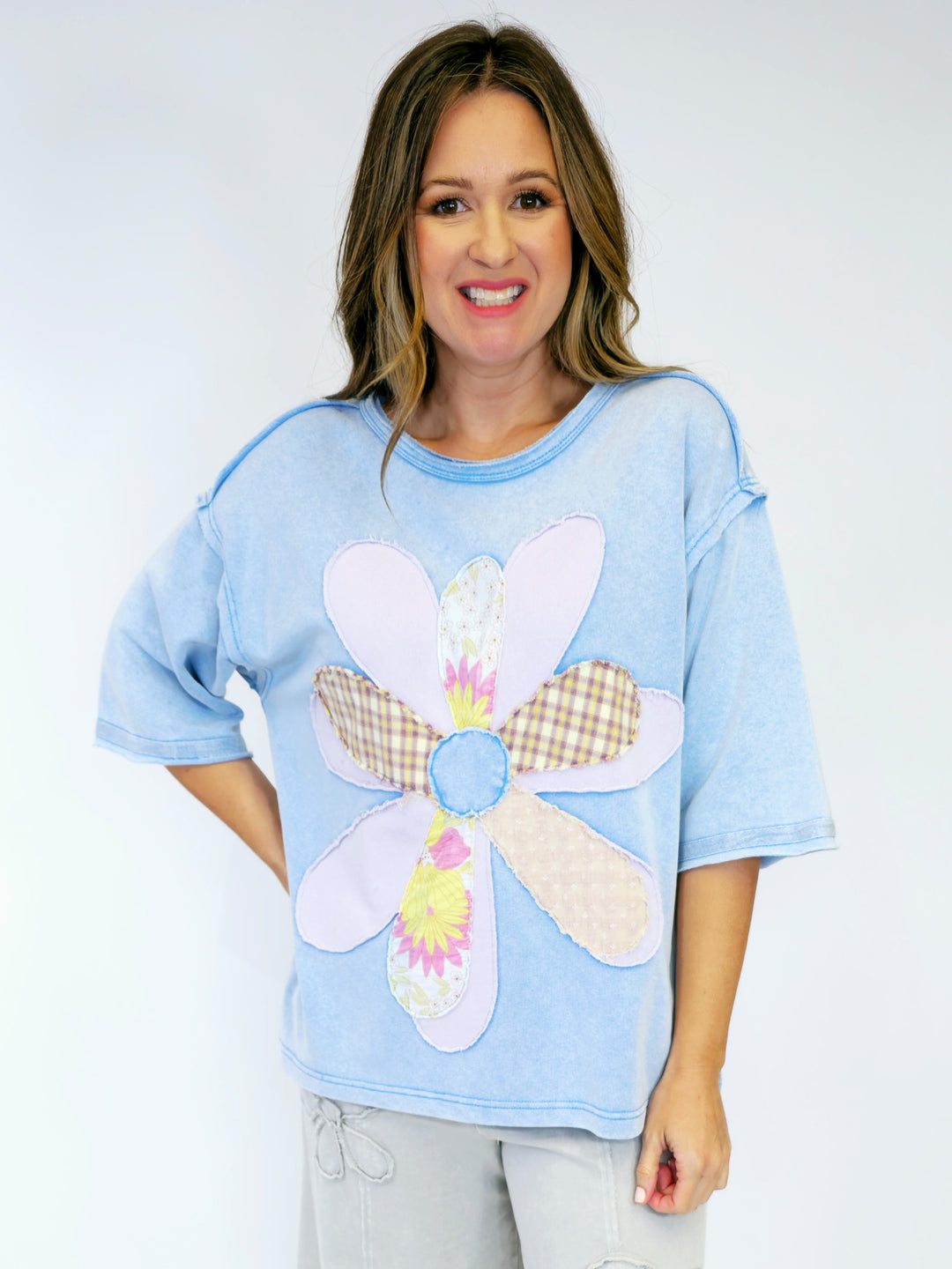 FLOWER PATCH MINERAL WASHED TERRY KNIT TUNIC - PERI BLUE