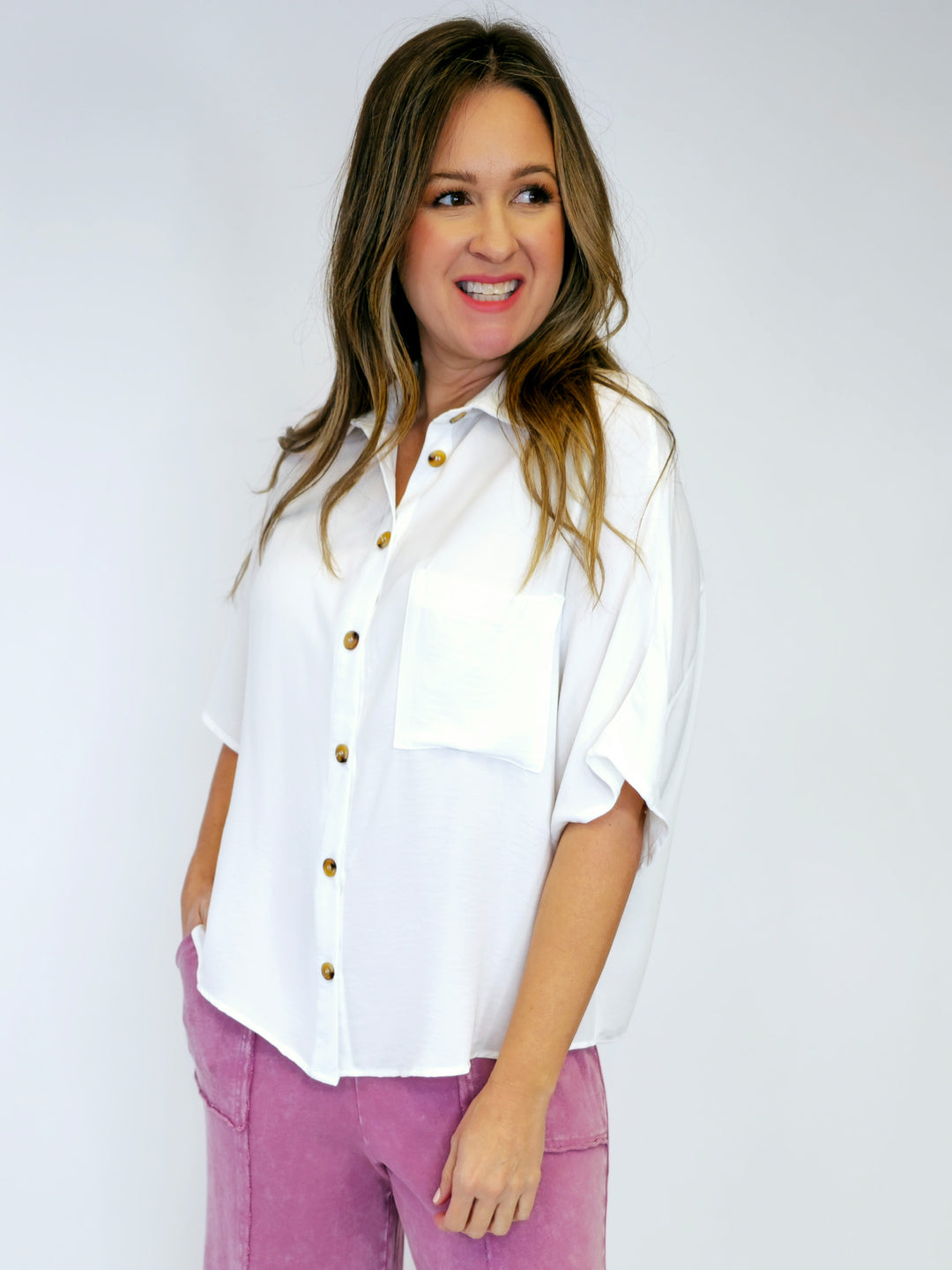 POLY CREPE BUTTON DOWN SHIRT - WHITE