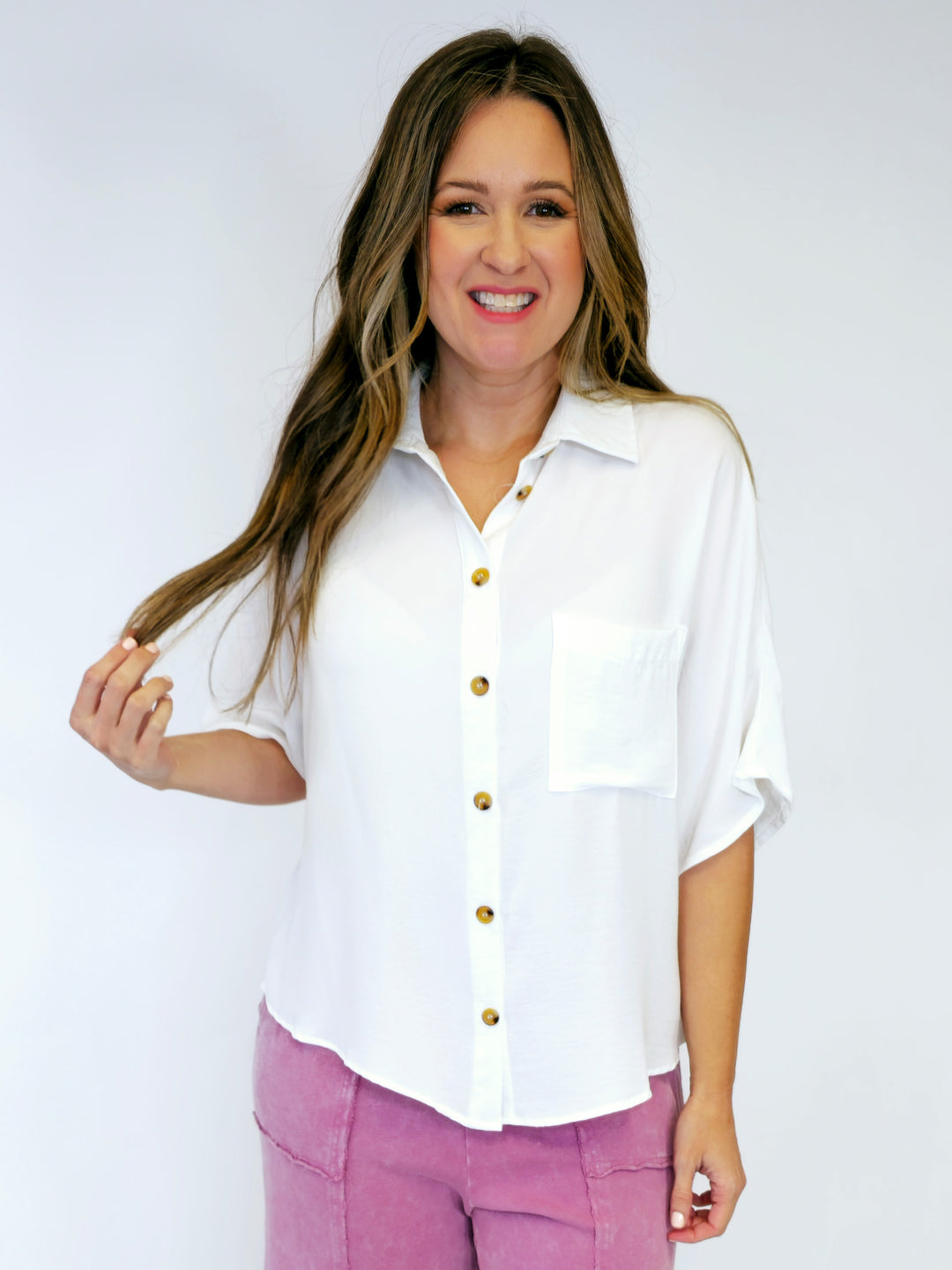 POLY CREPE BUTTON DOWN SHIRT - WHITE