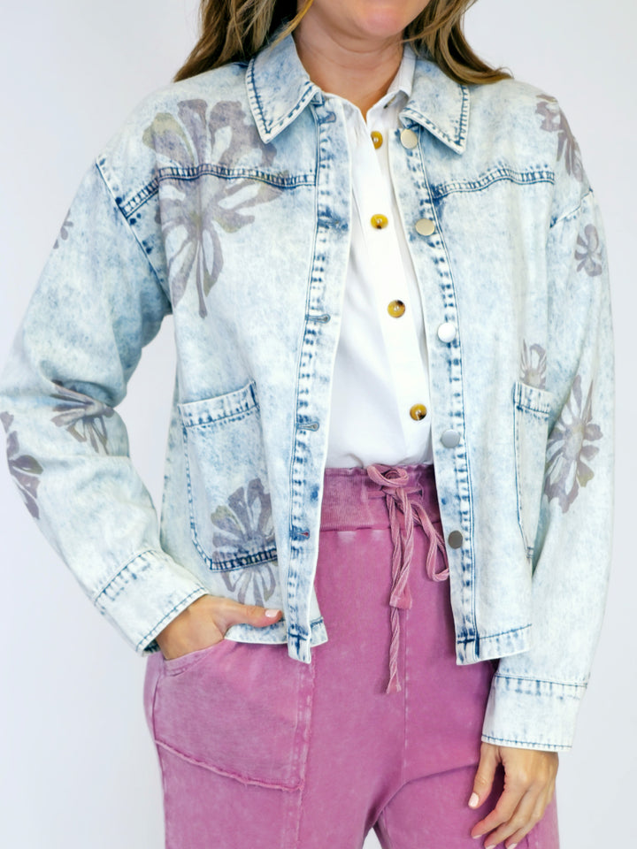 FLORAL PRINTED DENIM SHACKET - WASHED BLUE