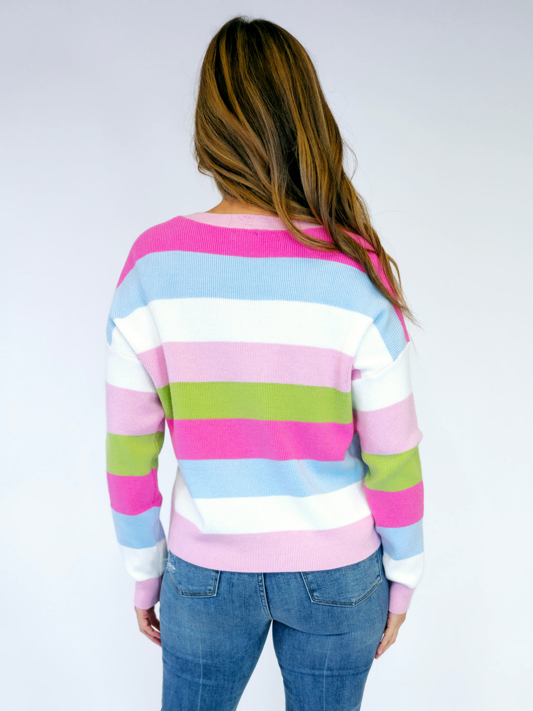 MULTI COLORED STRIPED V-NECK SWEATER - PINK