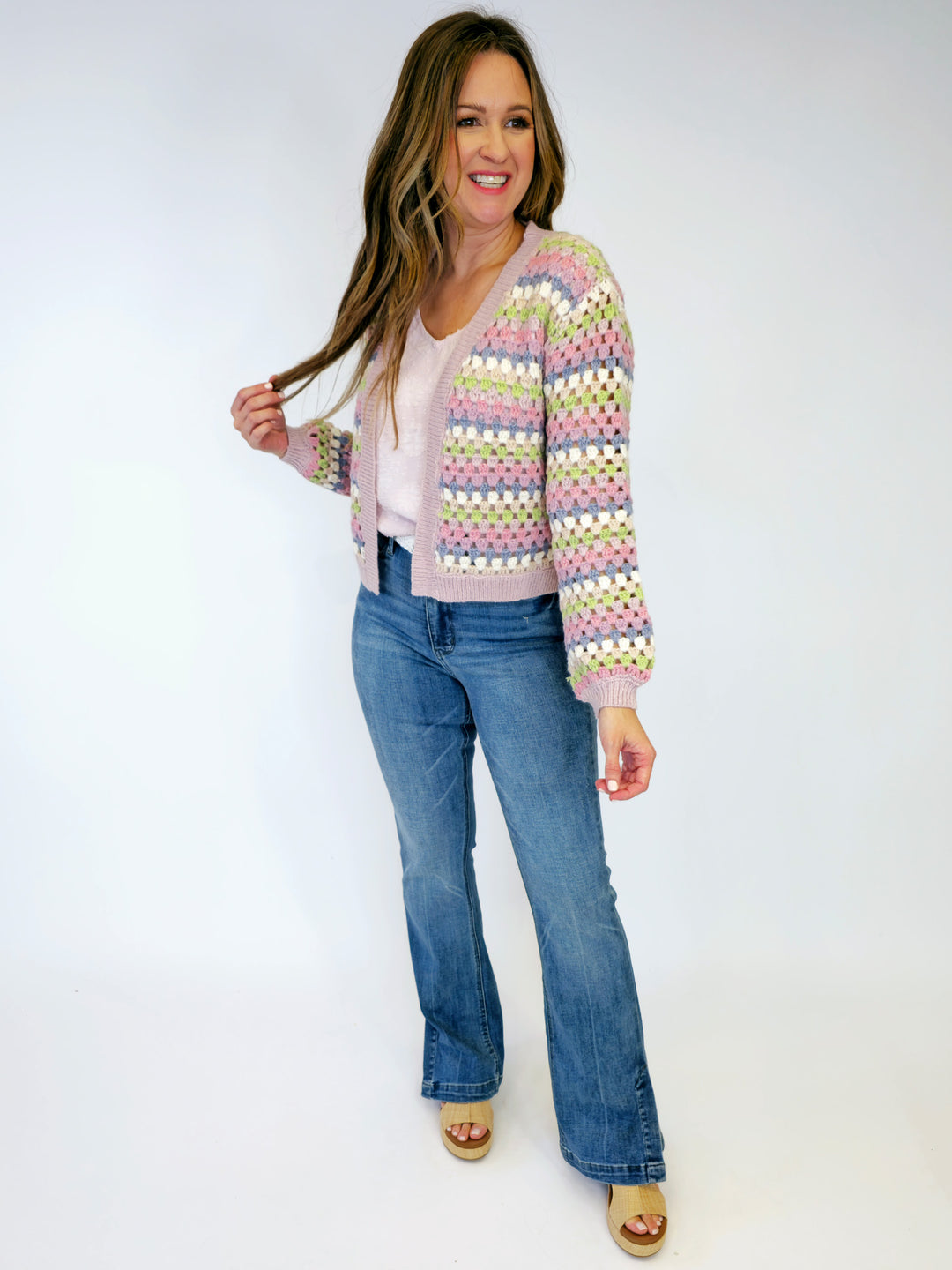 KNIT STRIPED OPEN CARDIGAN - PINK