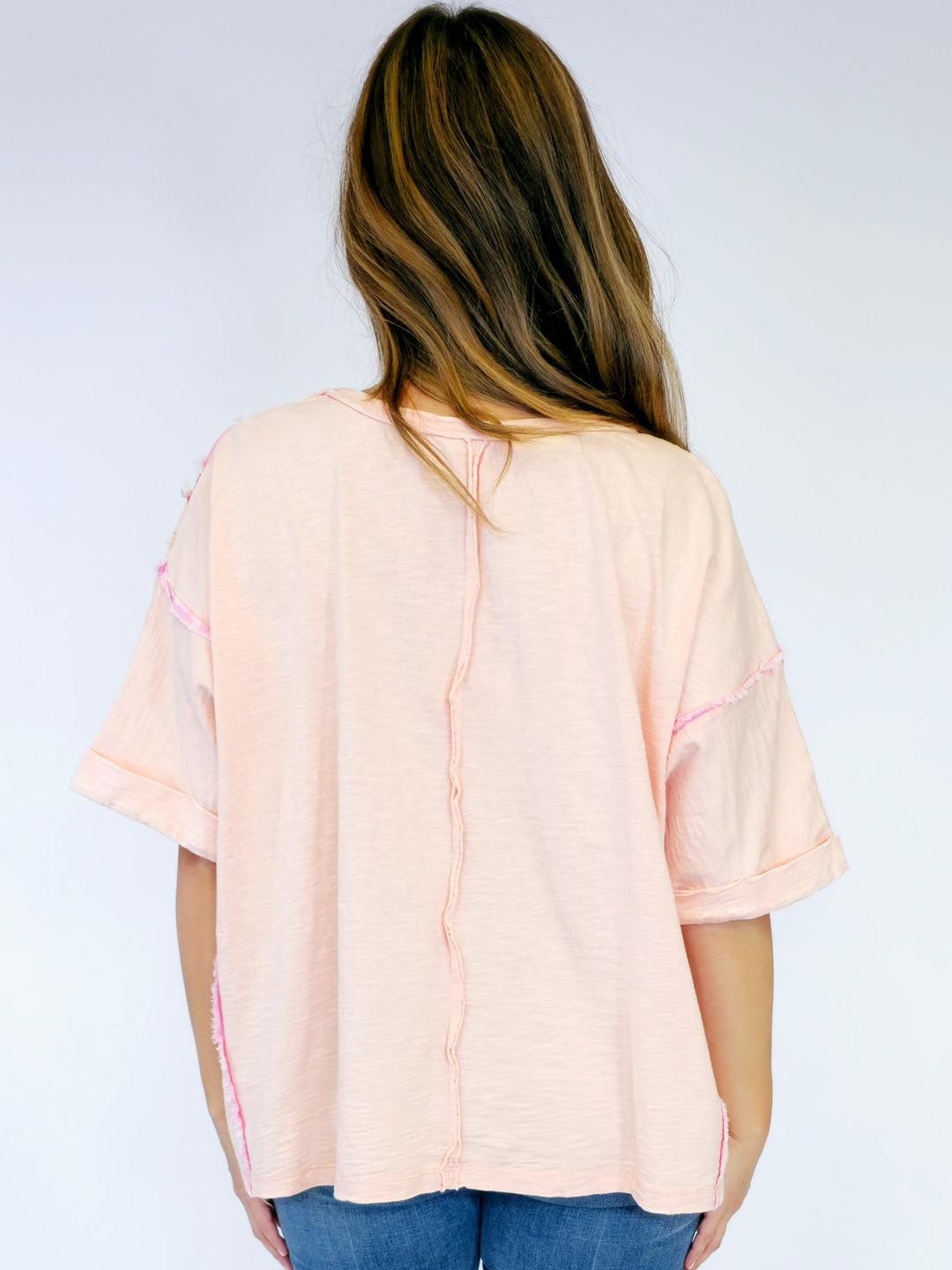 OVERSIZED BOXY FLOWER PATCH TOP - BLUSH