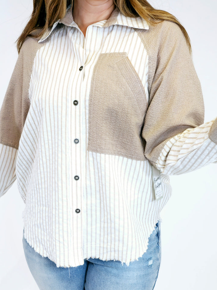 MINERAL WASHED COLOR BLOCK STRIPED SHIRT - HAZELNUT