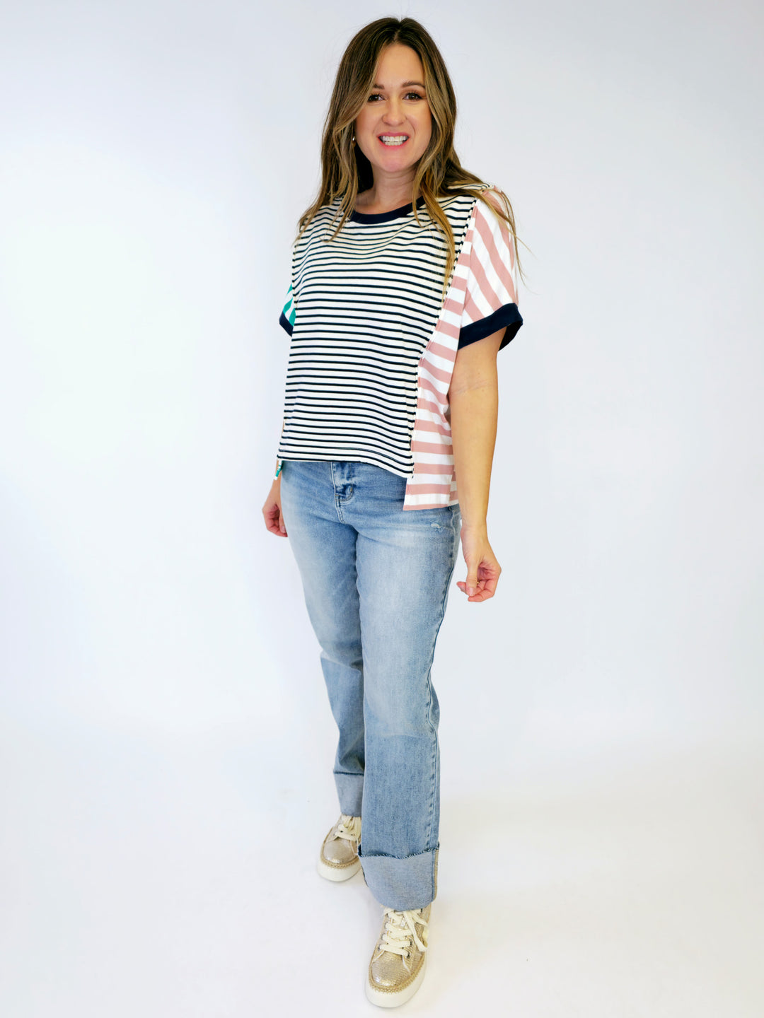 STRIPED COLOR BLOCK SHORT SLEEVE TOP - EMERALD