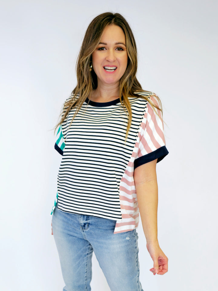 STRIPED COLOR BLOCK SHORT SLEEVE TOP - EMERALD