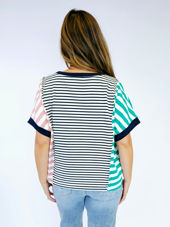 STRIPED COLOR BLOCK SHORT SLEEVE TOP - EMERALD