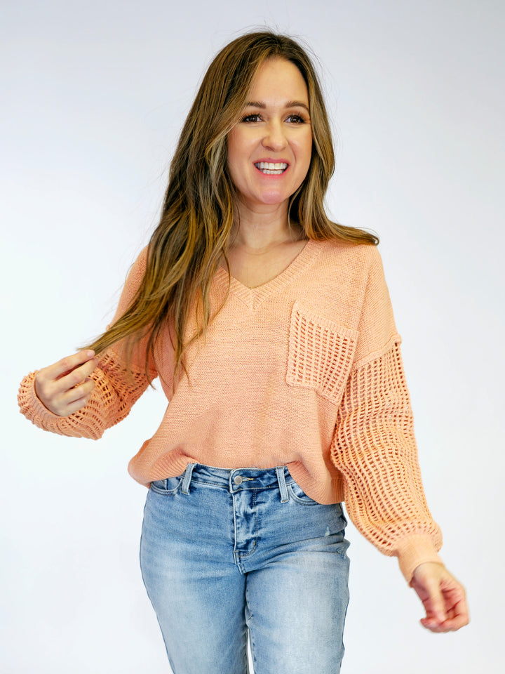 OPEN KNIT LONG SLEEVE SWEATER - APRICOT