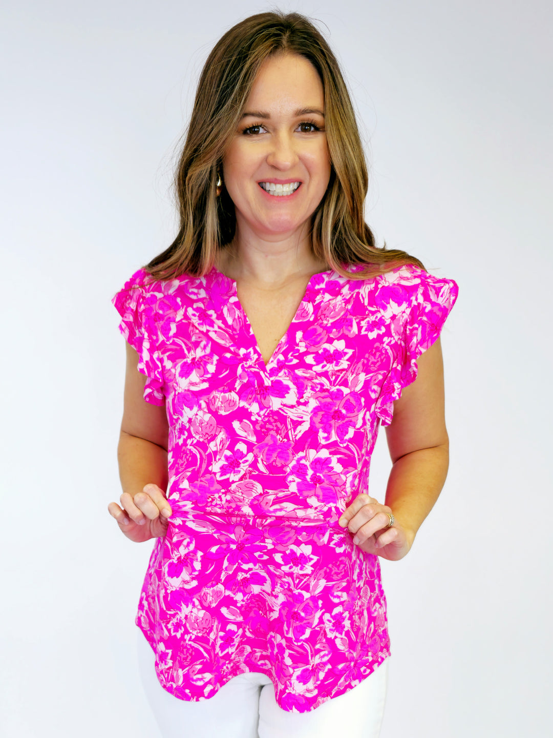 DEAR SCARLETT STRETCHY LIZ FRILL SLEEVE TOP - HOT PINK