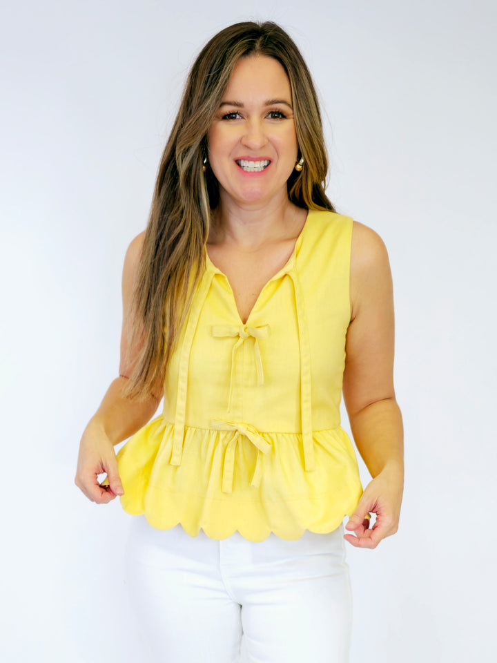 FRONT TIE SLEEVELESS PEPLUM TOP - LEMON