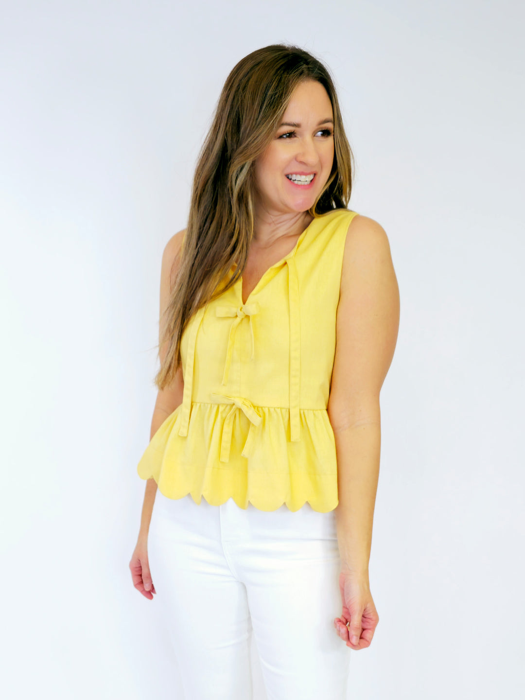 FRONT TIE SLEEVELESS PEPLUM TOP - LEMON