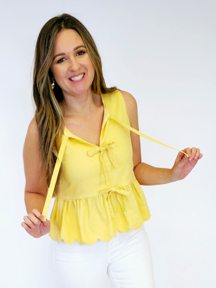 FRONT TIE SLEEVELESS PEPLUM TOP - LEMON