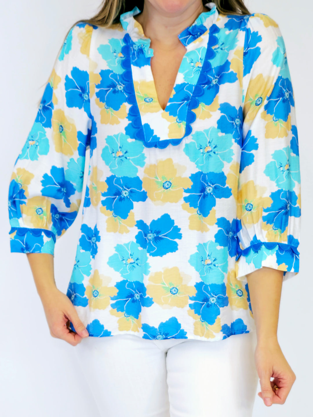 FLOWER PRINT PEASANT TOP - BLUE