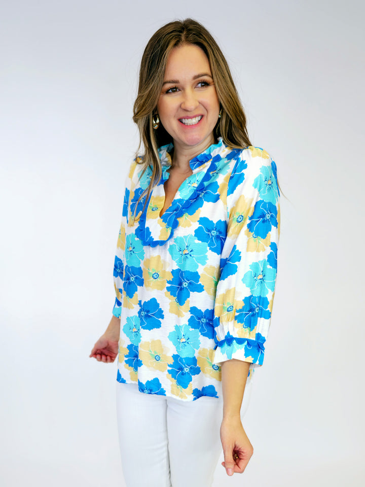 FLOWER PRINT PEASANT TOP - BLUE