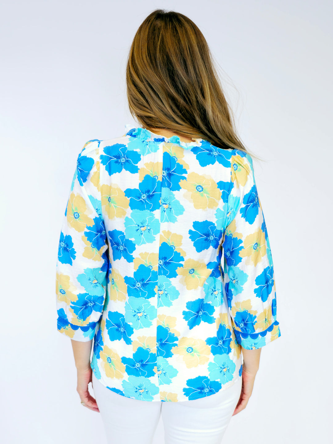 FLOWER PRINT PEASANT TOP - BLUE