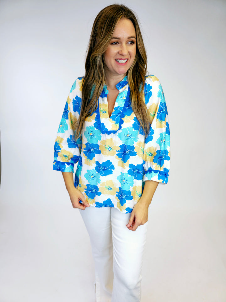 FLOWER PRINT PEASANT TOP - BLUE