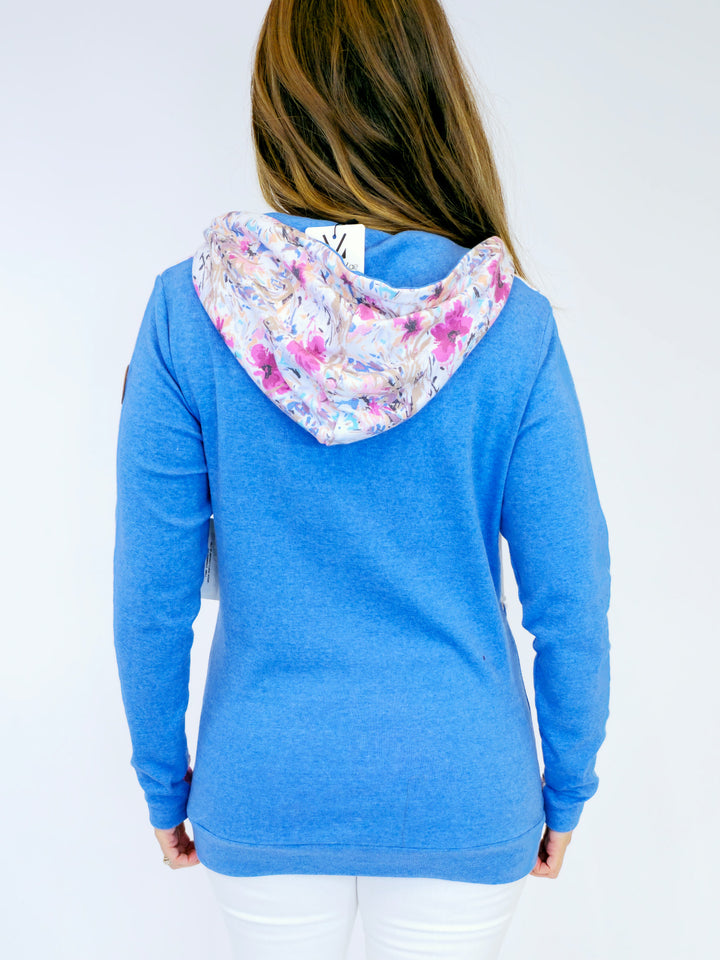 HALF ZIP ABSTRACT FLORAL HOODIE - PINK/PERIWINKLE