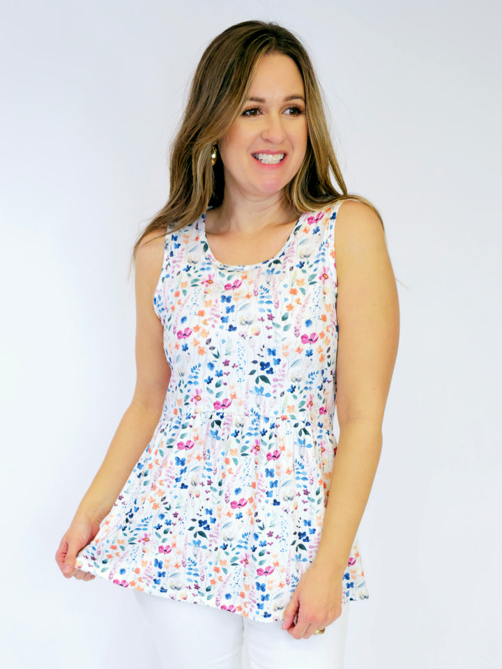 RENEE RUFFLE TANK TOP - FLORAL PARADISE (BLUE)