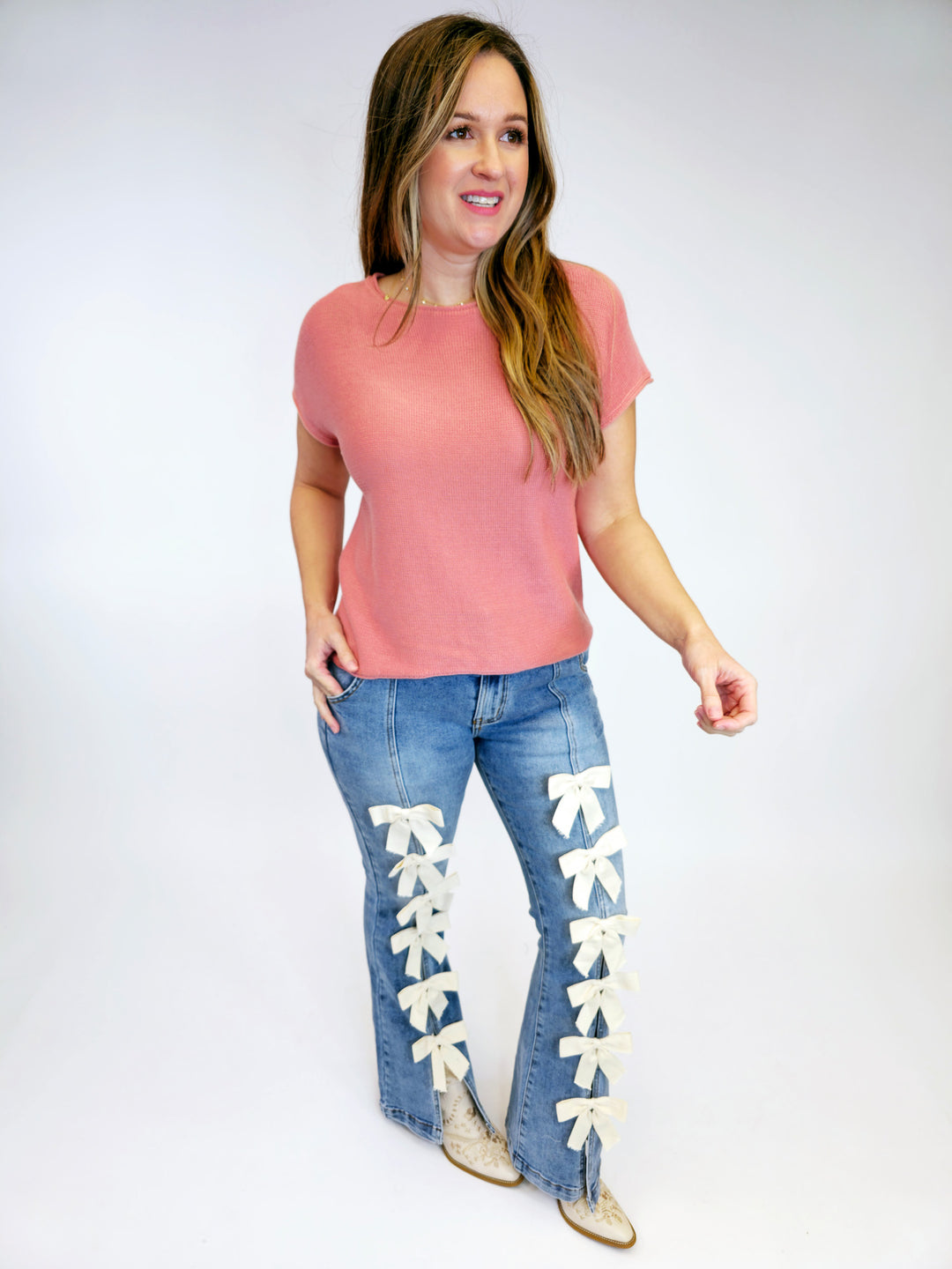 RIBBON DETAILED WASHED HIGH WAIST FLARE STRETCH JEANS - DENIM