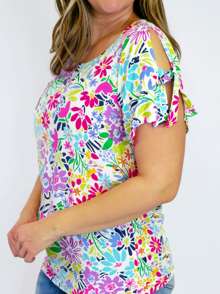 TIE SLEEVE FLORAL PRINTED TOP - FUCHSIA/AQUA BRIGHT FLORAL