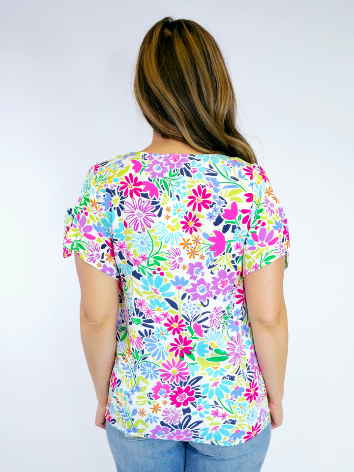 TIE SLEEVE FLORAL PRINTED TOP - FUCHSIA/AQUA BRIGHT FLORAL
