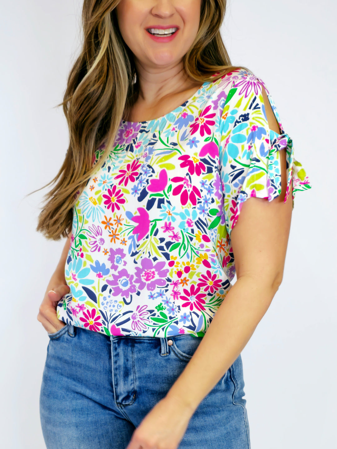 TIE SLEEVE FLORAL PRINTED TOP - FUCHSIA/AQUA BRIGHT FLORAL
