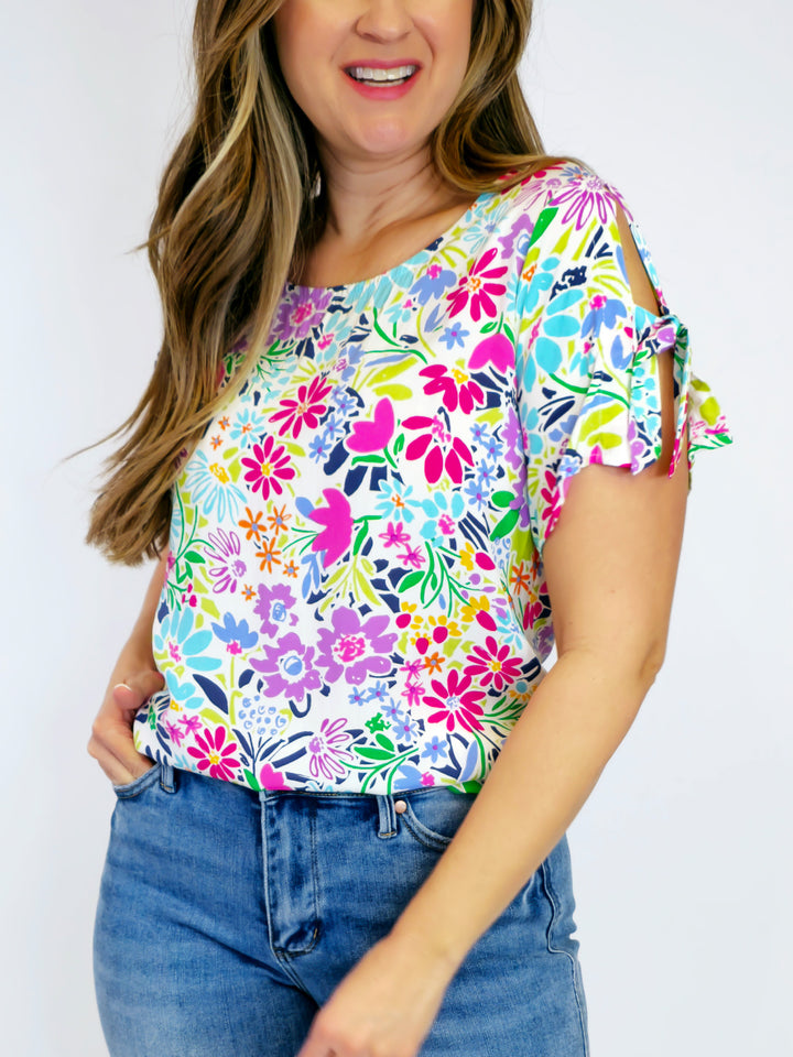 TIE SLEEVE FLORAL PRINTED TOP - FUCHSIA/AQUA BRIGHT FLORAL