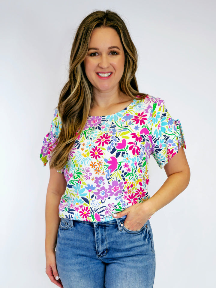 TIE SLEEVE FLORAL PRINTED TOP - FUCHSIA/AQUA BRIGHT FLORAL