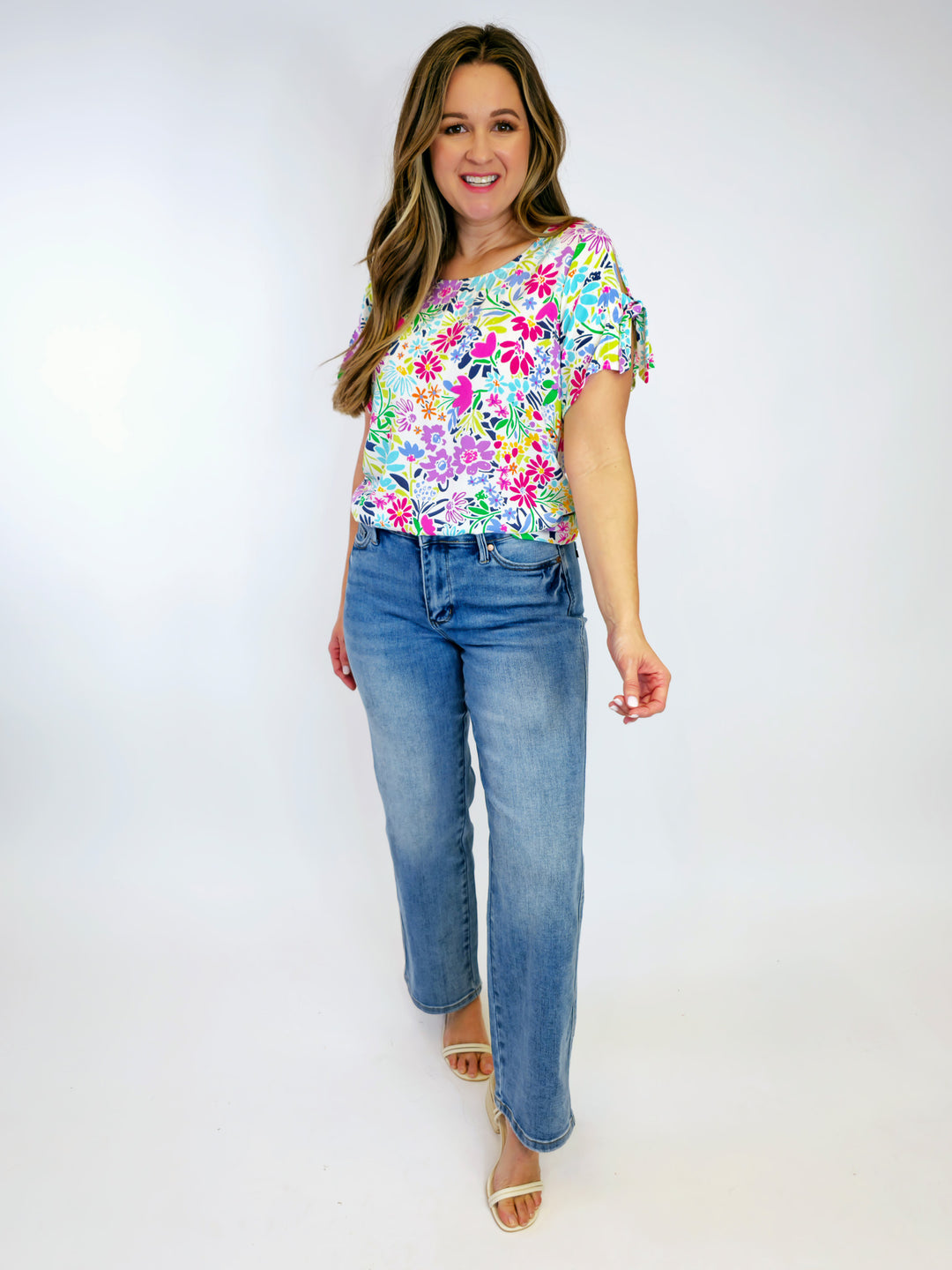 TIE SLEEVE FLORAL PRINTED TOP - FUCHSIA/AQUA BRIGHT FLORAL