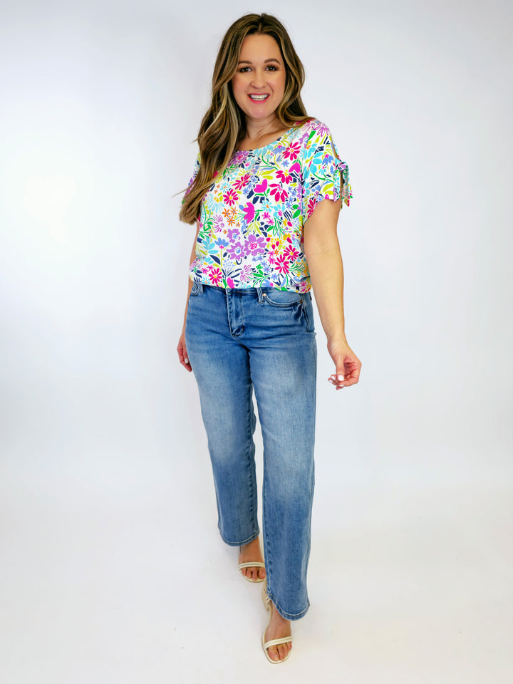 TIE SLEEVE FLORAL PRINTED TOP - FUCHSIA/AQUA BRIGHT FLORAL