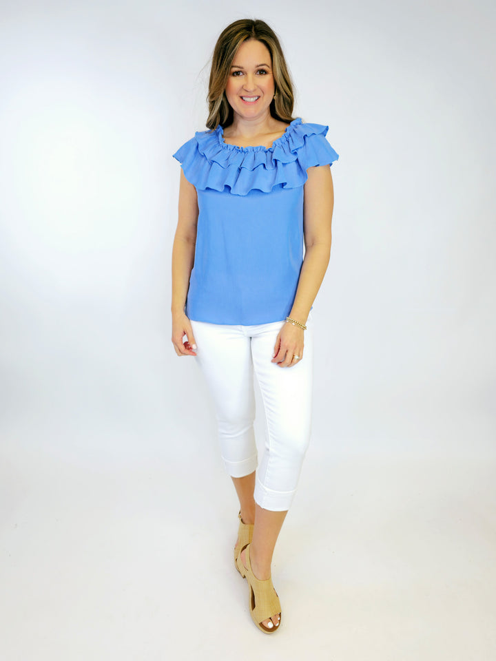 DOUBLE RUFFLE NECK BLOUSE - SKY BLUE