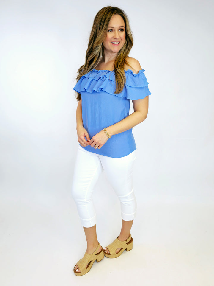 DOUBLE RUFFLE NECK BLOUSE - SKY BLUE