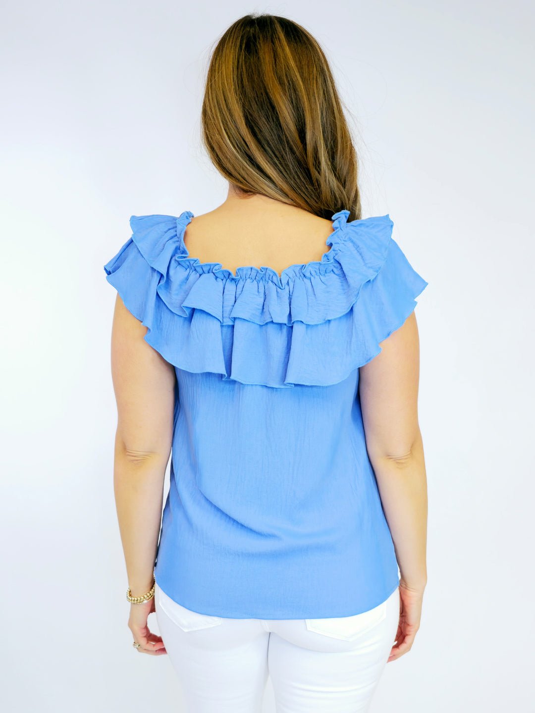 DOUBLE RUFFLE NECK BLOUSE - SKY BLUE