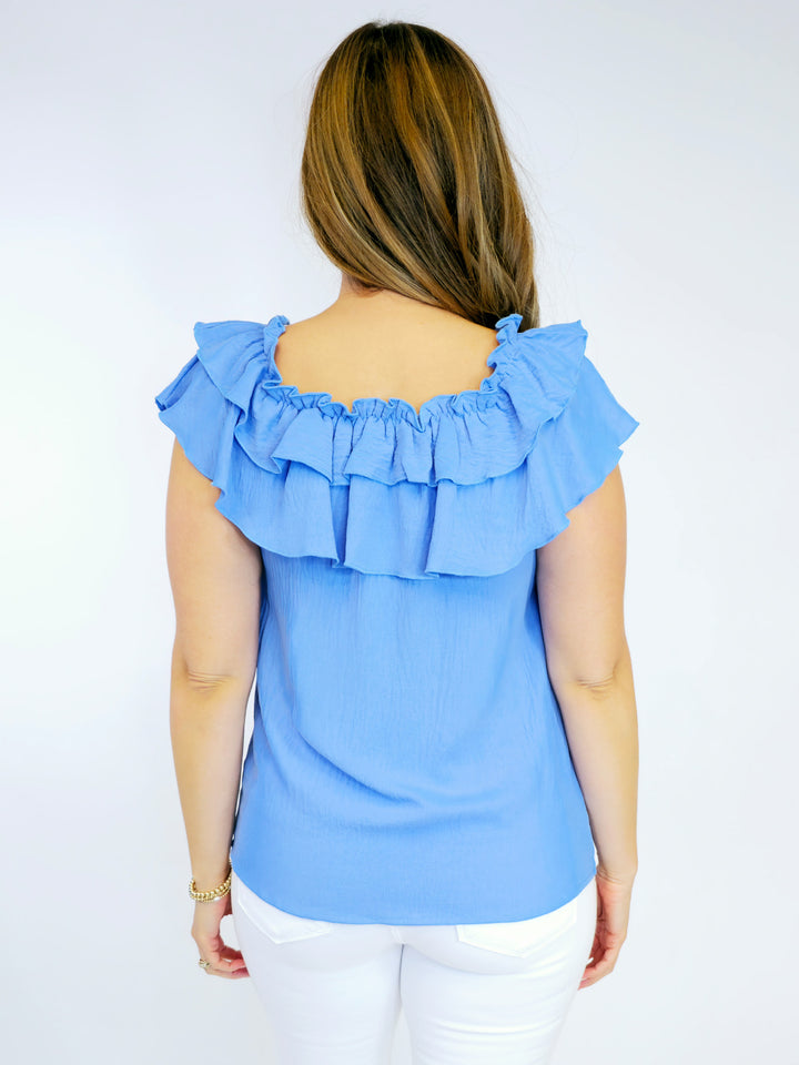DOUBLE RUFFLE NECK BLOUSE - SKY BLUE