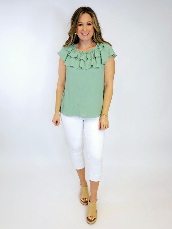 DOUBLE RUFFLE NECK BLOUSE - SAGE